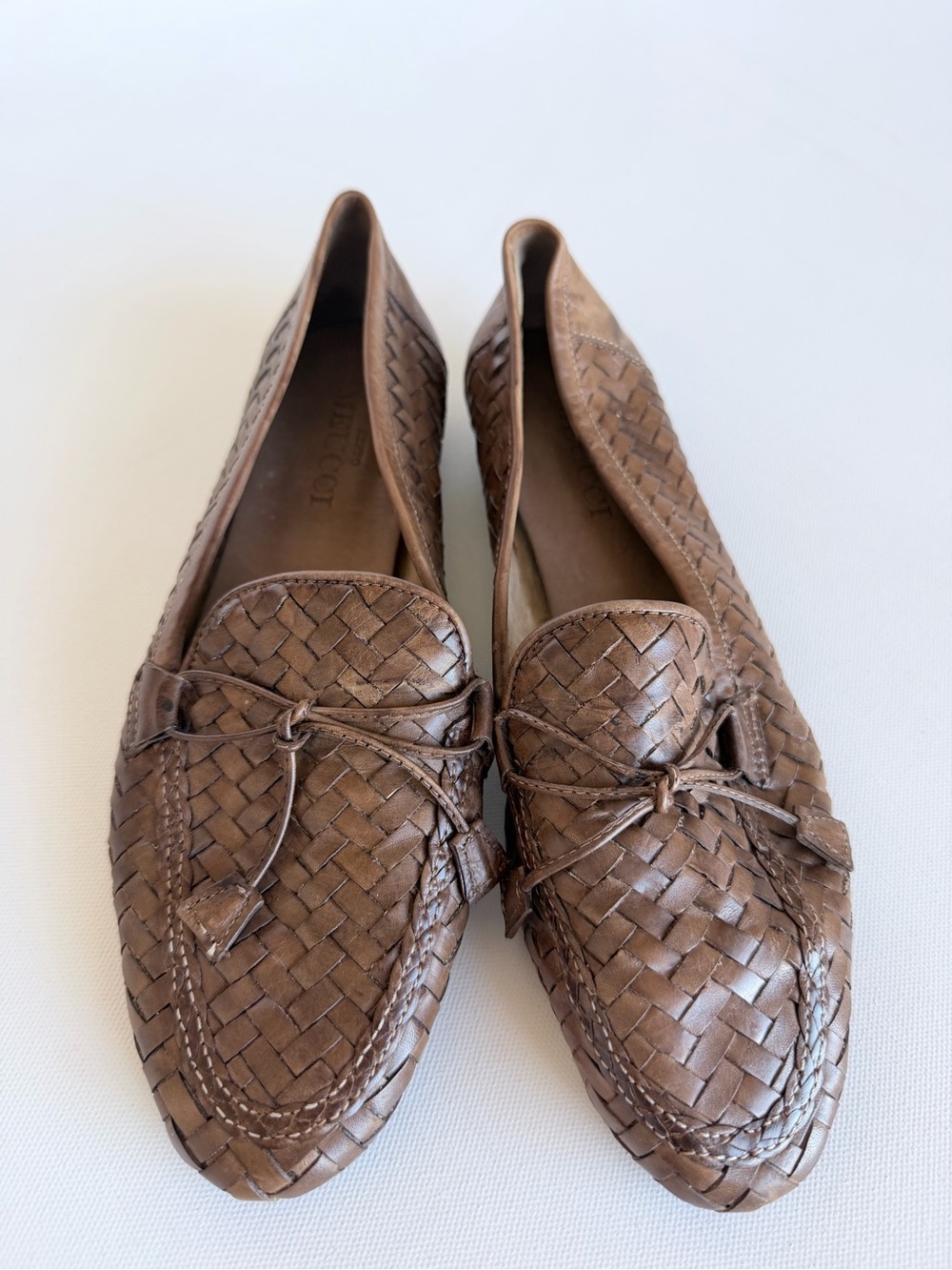 Sesto Meucci Tan Woven Leather Bow Loafers